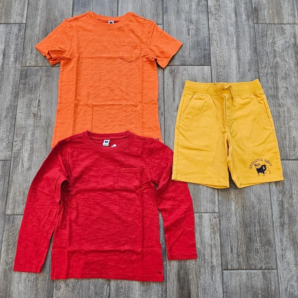 Janie and Jack Shirt Shorts Lot of 3 Kids 8 Orange Red Yellow Tees Athletic NEW